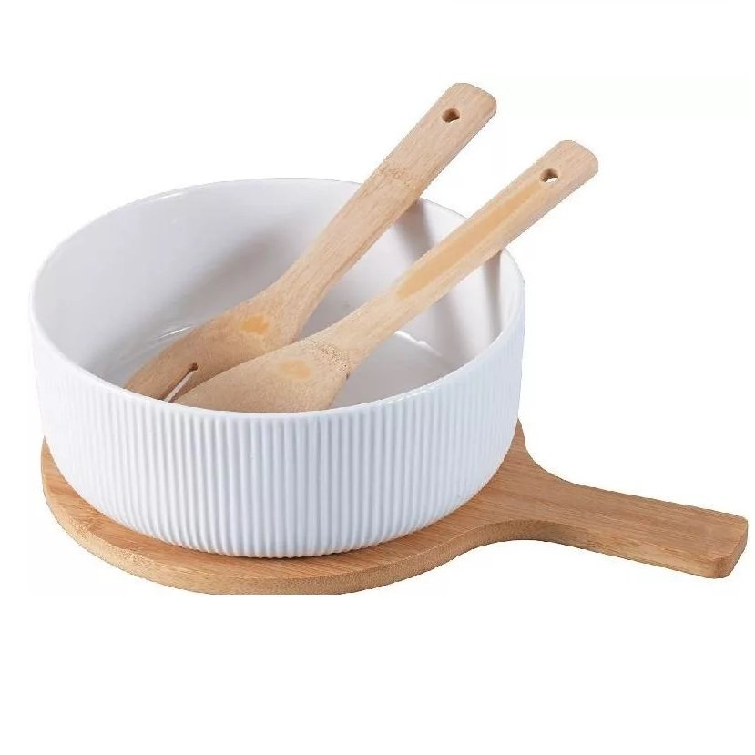 Σαλατιέρα Πορσελάνης Λευκή με Ξύλινες Κουτάλες & Ξύλινη Βάση